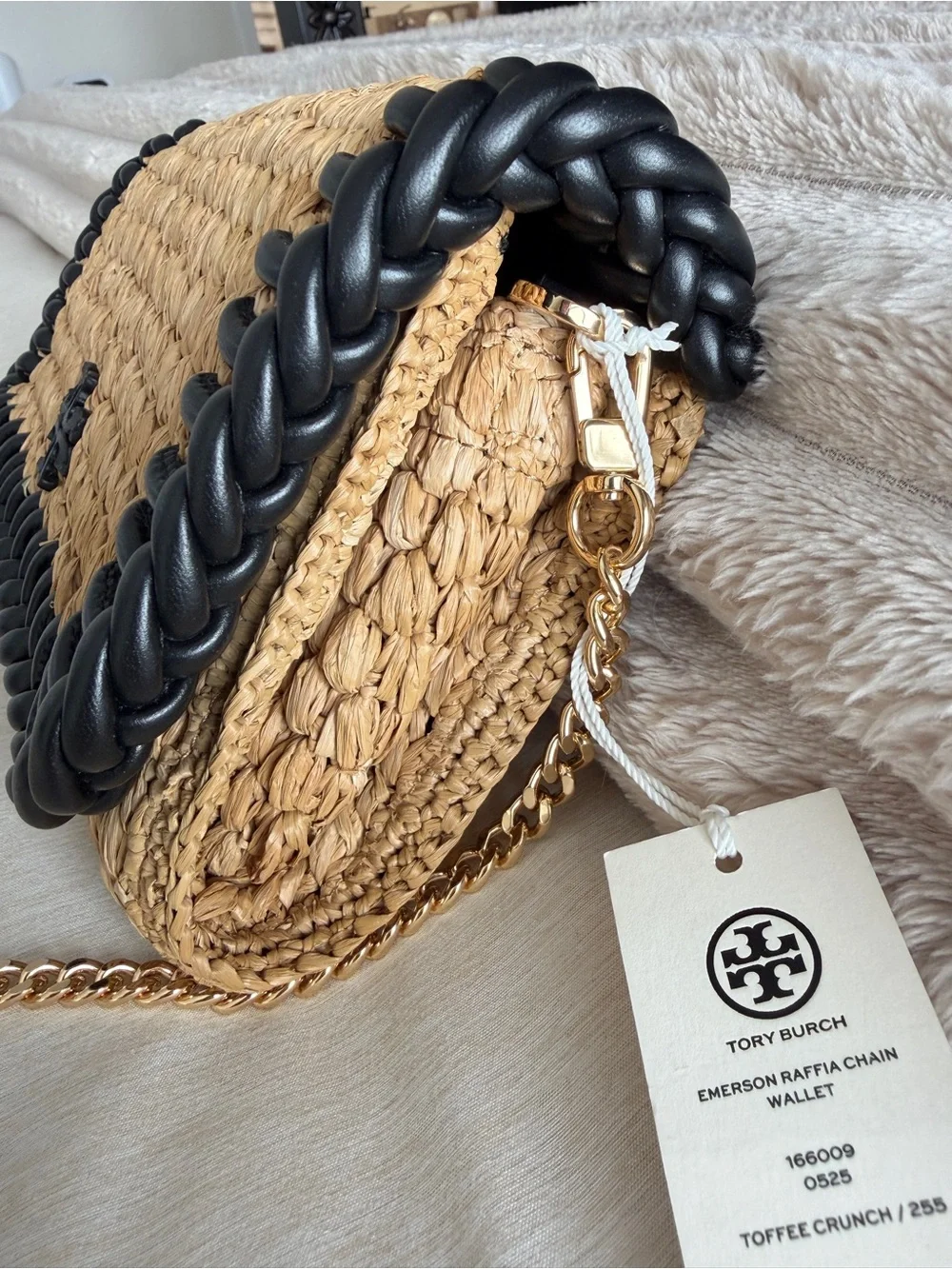 Tory Burch Tan Woven Crossbody with Black Trim and Gold Chain